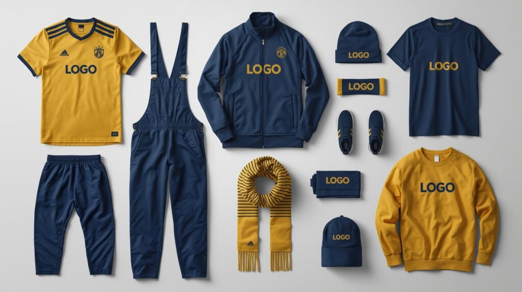 génère moi une image d'impression avec maillot, blouson, ensemble, dossards, brassard, écharpe, casquette, bonnet, pull over etc... bien ordonné et le mot logo écrit au milieu de chaque article,